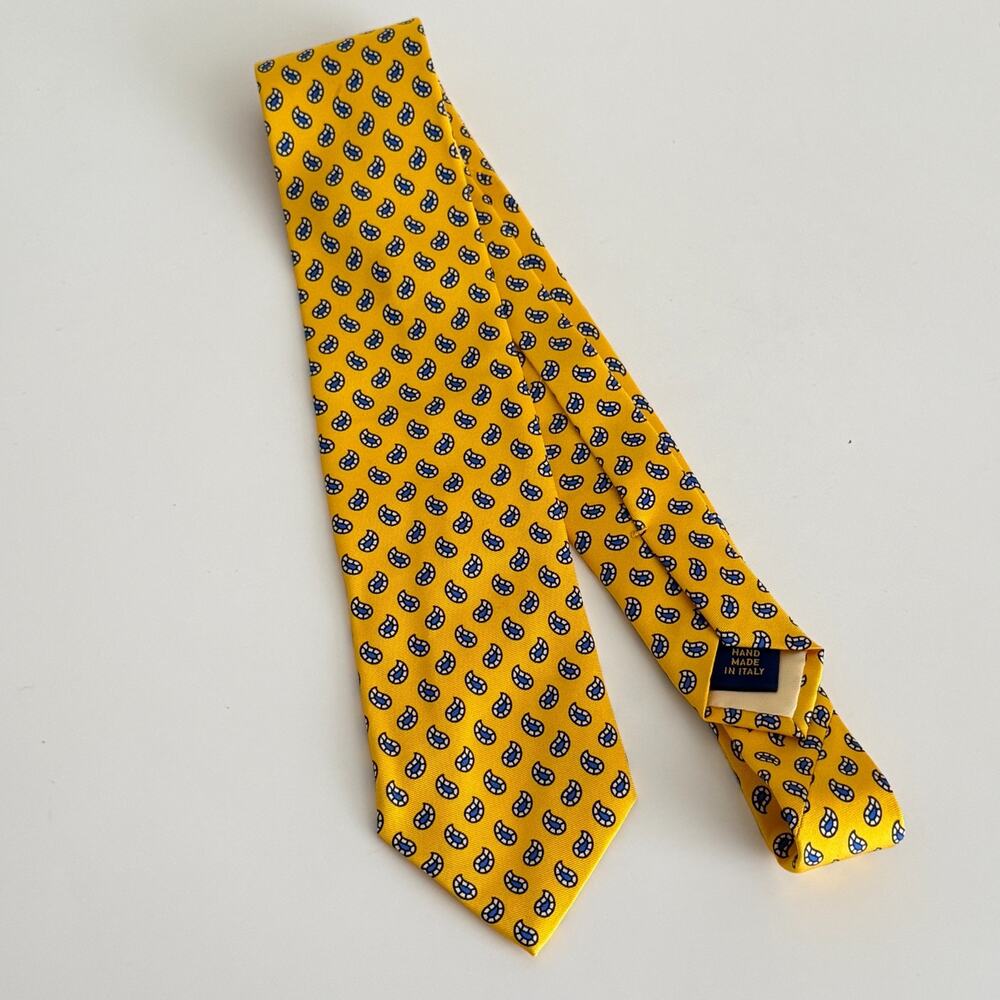 Polo Ralph Lauren Neck Tie 100% Silk Paisley Print Yellow Hand Made in Italy
